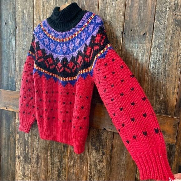 The Weathervane S Purple Red Fabrizio Vtg FairIsles Winter Chunky Knit Sweater - Picture 6 of 9